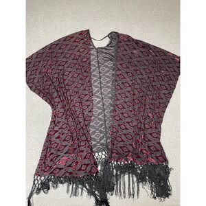 ASTR Black purple Crushed Velvet IKAT Aztec Fringe Shawl Wrap Kimono‎